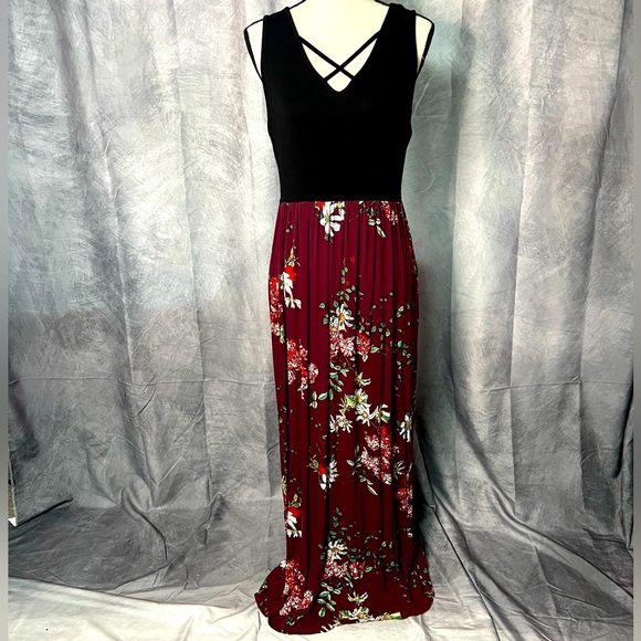 Floral Maxi Dress with Black Criss Cross Top, Burgundy Floral Skirt and Pockets - Picture 1 of 10